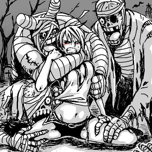 futomaki, nami (one piece), nami (one piece) (thriller bark), zombie 408, one piece, bad id, bad pixiv id, lowres, 1girl, 3boys, bandages, choke hold, greyscale, midriff, monochrome, monster, multiple boys, navel, oekaki, pirate, shorts, sitting, spread legs, strangling, thriller bark, you gonna get raped, zombie