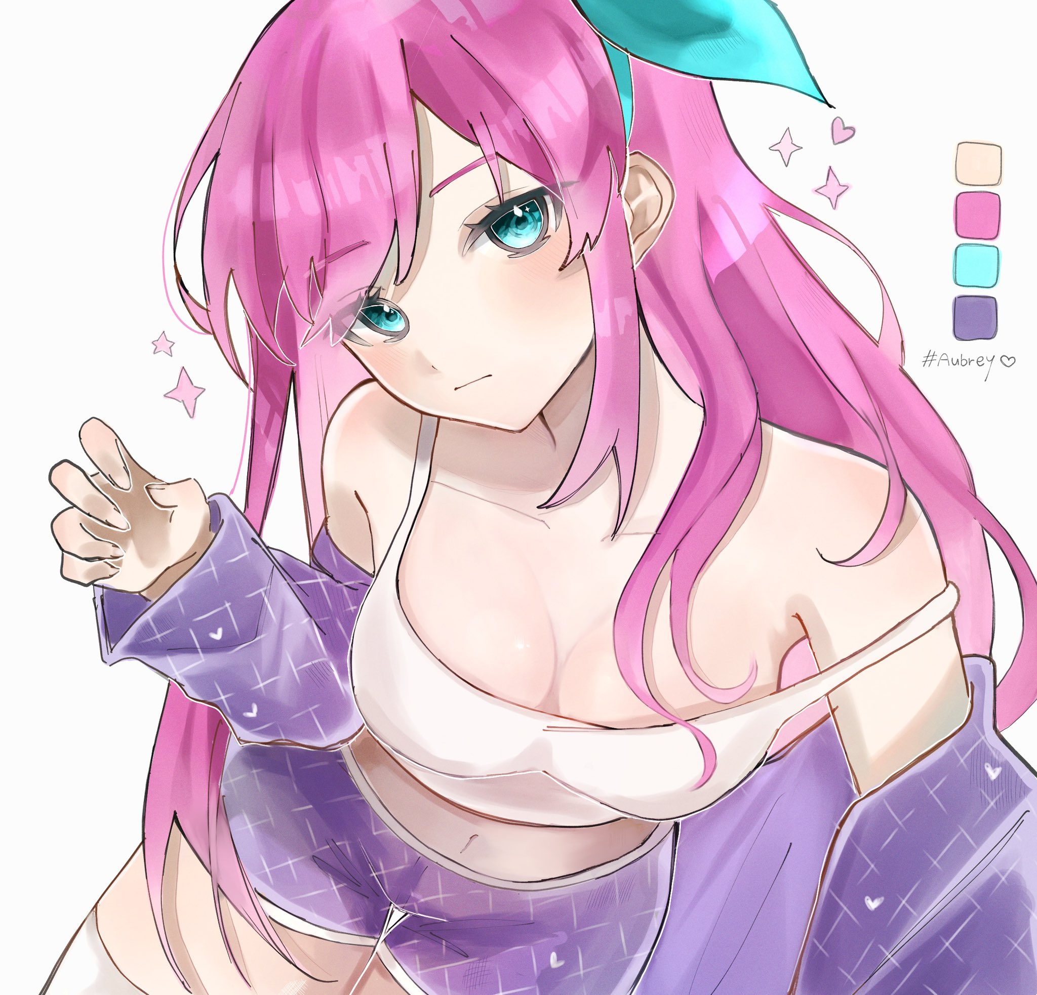 aubrey (faraway) (omori), aubrey (omori), omori, commentary request, highres, 1girl, alternate costume, bare shoulders, blue eyes, blue hairband, blush, bow hairband, breasts, camisole, character name, claw pose, cleavage, closed mouth, collarbone, color guide, cowboy shot, eyes visible through hair, fingernails, from above, frown, hair between eyes, hairband, hand up, head tilt, heart, jacket, jacket partially removed, long hair, medium breasts, midriff, navel, pale skin, patterned clothing, pink hair, purple jacket, purple shorts, short shorts, shorts, simple background, solo, sparkle, standing, swept bangs, thigh gap, thighhighs, very long hair, waiwaisiyo ze, white background, white camisole, white thighhighs, white trim