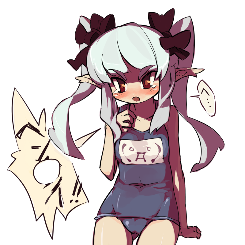 itsukia, original, silver hair, bad id, bad pixiv id, 1girl, blush, cameltoe, embarrassed, female focus, flat chest, one-piece swimsuit, pointy ears, red eyes, school swimsuit, solo, swimsuit, tears, twintails