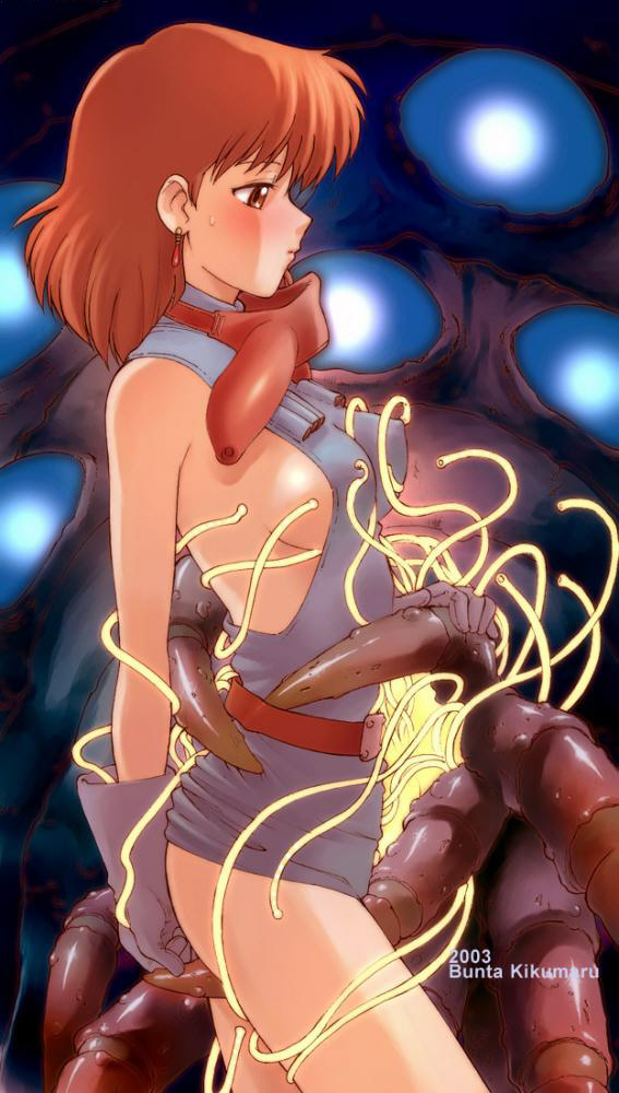 kikumaru bunta, nausicaa, kaze no tani no nausicaa, studio ghibli, 1980s (style), 1girl, breasts, brown eyes, brown hair, female focus, gloves, oldschool, retro artstyle, short hair, sideboob, solo, tentacles