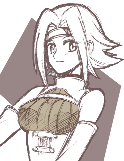 kikumaru bunta, kouzuki kallen, code geass, 00s, 1girl, bare shoulders, brown theme, female focus, headband, monochrome, sketch, sleeveless, sleeveless turtleneck, solo, turtleneck