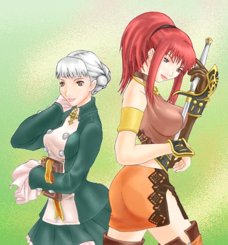 alice elliot, karin koenig, shadow hearts, shadow hearts ii, silver hair, lowres, 2girls, animal ears, ass, belt, breasts, buttons, coat, from side, green eyes, large breasts, long sleeves, looking at viewer, medium breasts, multiple girls, orange skirt, ponytail, short hair, side slit, sidelocks, skirt, thighhighs, wolf ears