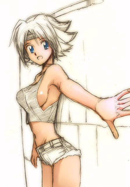 kikumaru bunta, kouzuki kallen, code geass, 00s, 1girl, blue eyes, breasts, cowboy shot, crop top, crop top overhang, cutoffs, denim, denim shorts, female focus, headband, medium breasts, midriff, open mouth, short hair, short shorts, shorts, sideboob, sketch, solo