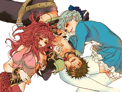 alice elliot, karin koenig, yuri hyuga, shadow hearts, shadow hearts ii, silver hair, lowres, 1boy, 2girls, :d, armor, belt, blush, breastplate, brown hair, buckle, closed eyes, long sleeves, multiple girls, open mouth, pants, red hair, simple background, smile, spiked hair, thighhighs, upper body, white background