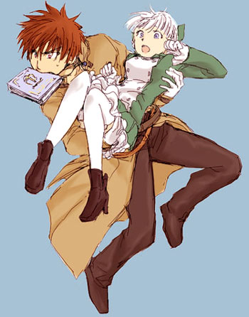 alice elliot, yuri hyuga, shadow hearts, silver hair, lowres, 1boy, 1girl, :d, arms up, book, coat, long sleeves, open mouth, pants, pantyhose, red hair, simple background, smile, spiked hair, thighhighs, white thighhighs
