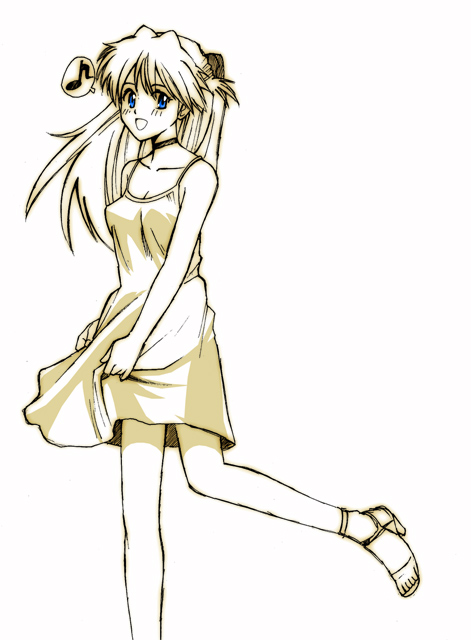 kikumaru bunta, souryuu asuka langley, neon genesis evangelion, 1girl, bare shoulders, blue eyes, dress, female focus, long hair, monochrome, sandals, sepia, skirt, solo, spot color, yellow dress, yellow skirt