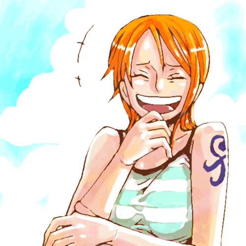 futomaki, nami (one piece), one piece, bad id, bad pixiv id, lowres, 1girl, blue sky, camisole, closed eyes, cloud, female focus, jaya, laughing, orange hair, shirt, short hair, sky, solo, striped clothes, striped shirt, tattoo