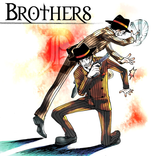 futomaki, monkey d. luffy, portgas d. ace, one piece, bad id, bad pixiv id, 2boys, brothers, family, fedora, formal clothes, gangster, gun, hat, mafia, male focus, multiple boys, siblings, suit, weapon