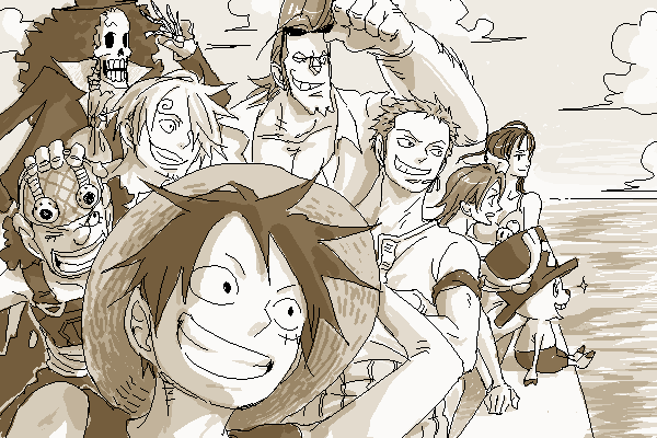 futomaki, brook (one piece), franky (one piece), monkey d. luffy, nami (one piece), nico robin, roronoa zoro, sanji (one piece), tony tony chopper, usopp, one piece, bad tag, bad id, bad pixiv id, 2girls, 6+boys, afro, bandana, brown theme, earrings, everyone, eyewear on head, goggles, hat, jewelry, monochrome, multiple boys, multiple girls, ocean, oekaki, scar, skeleton, straw hat, sunglasses