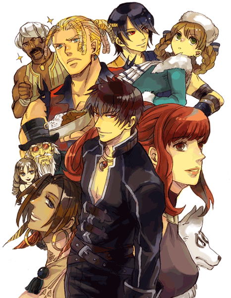 anastasia (shadow hearts), cornelia (shadow hearts), gepetto (shadow hearts), joachim valentine, karin koenig, kurando (shadow hearts), lucia (shadow hearts), the great gama, yuri hyuga, shadow hearts, shadow hearts ii, kurando, 4girls, 5boys, beard, belt, black hair, blonde hair, blue eyes, braid, brown hair, curry, dark skin, doll, doll joints, dreadlocks, earrings, facial hair, feathers, food, glasses, green eyes, hair ribbon, hat, japanese clothes, jewelry, joints, long hair, manly, multiple boys, multiple girls, necklace, ponytail, red eyes, red hair, ribbon, ringlets, short hair, smile, thumbs up, twin braids, wolf