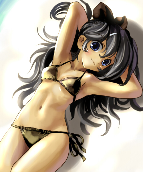 katahira masashi, original, 1girl, armpits, bikini, black hair, blue eyes, brown bikini, cowboy shot, female focus, loli, long hair, lying, side-tie bikini bottom, solo, sweat, swimsuit