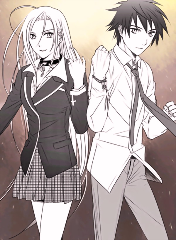 akashiya moka, aono tsukune, inner moka, rosario+vampire, 00s, 1boy, 1girl, ahoge, long hair, short hair, slit pupils, smile, straight hair, vampire