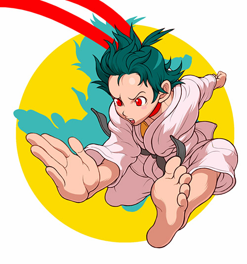yamamiya hiroshi, makoto (street fighter), capcom, street fighter, street fighter iii (series), 1girl, androgynous, barefoot, chop, dougi, feet, female focus, green hair, jumping, red eyes, short hair, soles, solo, toes, tomboy