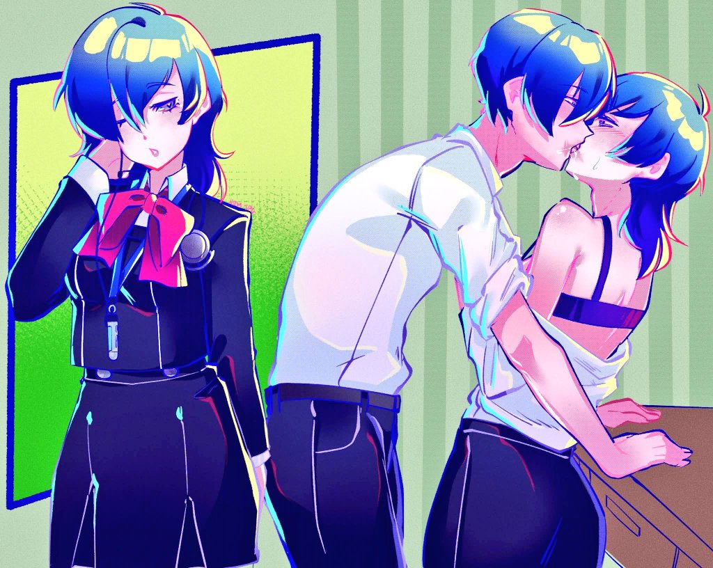 carumikoto, yuuki makoto (persona 3), persona, persona 3, 1boy, 1girl, armpit crease, belt, black belt, blue bra, blue jacket, blue pants, blue skirt, blush, bow, bowtie, bra, breasts, collared shirt, cowboy shot, french kiss, gekkoukan high school uniform, genderswap, genderswap (mtf), green background, hair between eyes, hair over one eye, hand up, headphones, headphones around neck, hetero, indoors, jacket, jewelry, kiss, leaning forward, long hair, long sleeves, looking at another, medium breasts, necklace, one eye closed, pants, partially undressed, purple eyes, red bow, red bowtie, school uniform, selfcest, shirt, short hair, skirt, sleeves rolled up, sweatdrop, underwear, white shirt