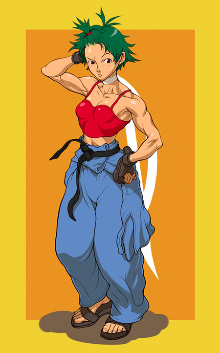 yamamiya hiroshi, makoto (street fighter), capcom, street fighter, street fighter iii (series), 1girl, baggy pants, belt, camisole, choker, cosplay, female focus, gloves, green hair, muscular, pants, short hair, solo, tomboy