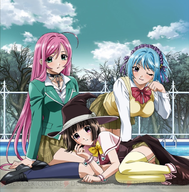 akashiya moka, kurono kurumu, sendou yukari, rosario+vampire, 00s, 3girls, blue hair, blush, bob cut, breasts, brown hair, collar, cross, demon girl, green eyes, green shirt, hat, long hair, multiple girls, one eye closed, pink hair, purple eyes, school uniform, serafuku, shirt, short hair, skirt, sweater, thighhighs, vampire, very long hair, wink, witch, witch hat