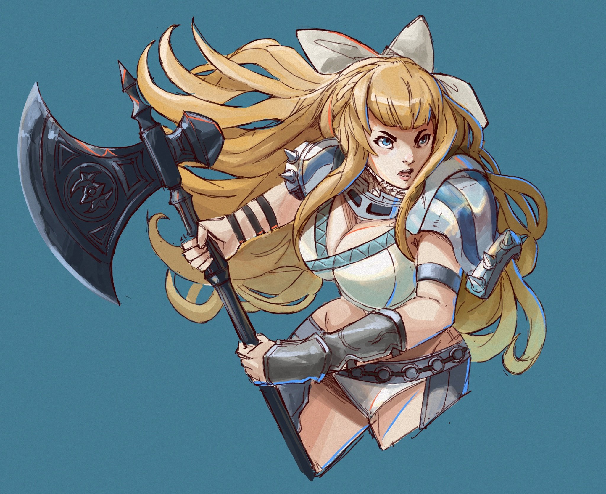 rod langhi, charlotte (fire emblem), fire emblem, fire emblem fates, nintendo, highres, 1girl, armor, axe, battle axe, bikini armor, blonde hair, blue eyes, bow, breasts, cleavage, hair bow, holding, holding axe, large breasts, long hair, open mouth, pauldrons, shoulder armor, simple background, solo, wavy hair, weapon, white bow
