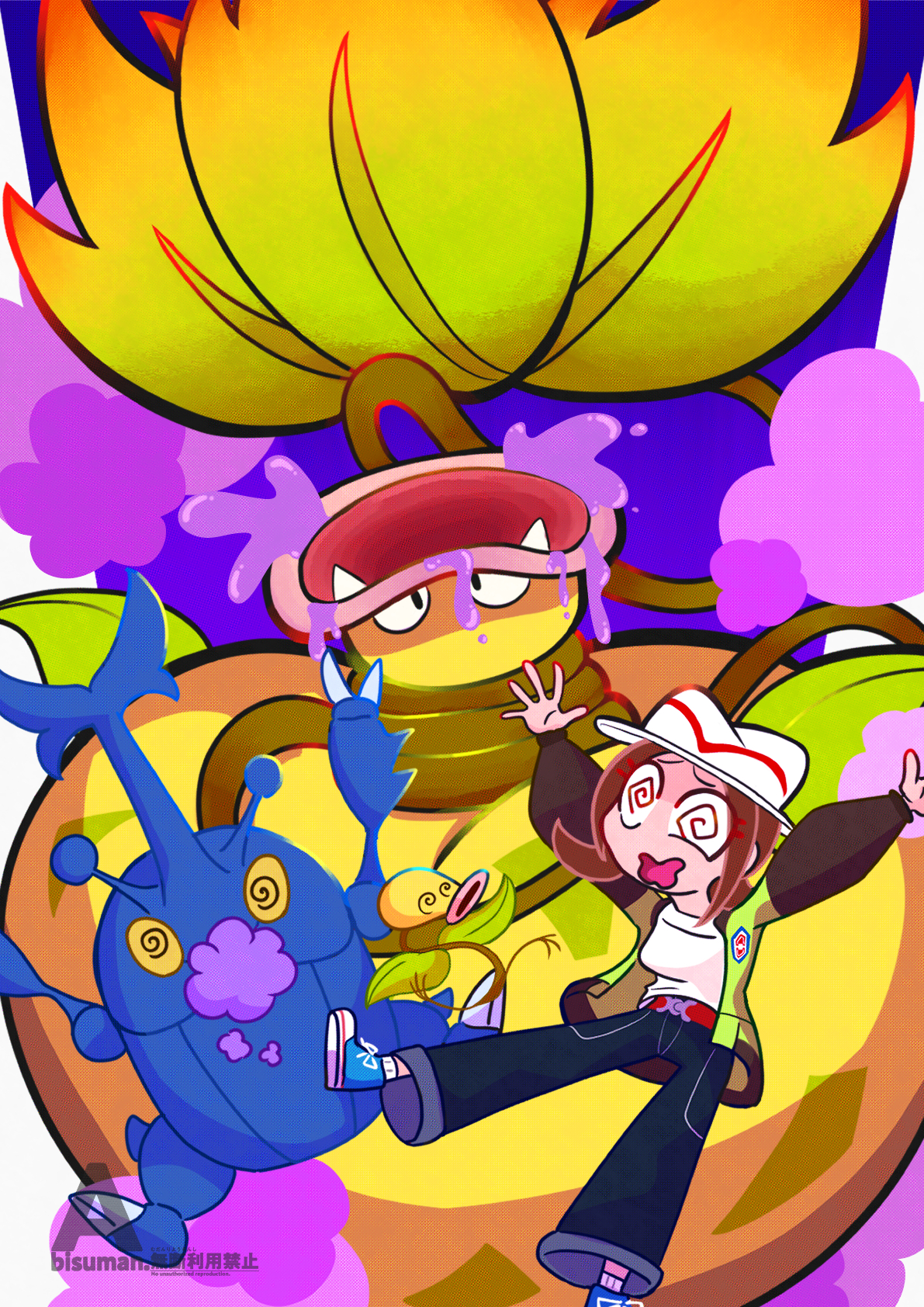 bellsprout, harmony (pokemon), heracross, mega victreebel, victreebel, nintendo, pokemon, pokemon legends: z-a, commentary, english commentary, highres, 1girl, @ @, acid, arms up, belt, blue shoes, brown hair, denim, dizzy, eyelashes, fangs, foaming at the mouth, gas, gen 1 pokemon, gen 2 pokemon, green jacket, hat, jacket, jeans, leaf, long sleeves, mega pokemon, open clothes, open jacket, open mouth, pants, pink lips, plant, pokemon (creature), red belt, shirt, shoelaces, shoes, smile, spiral-only eyes, toon (style), user rexr5585, vines, wavy mouth, white hat, white shirt