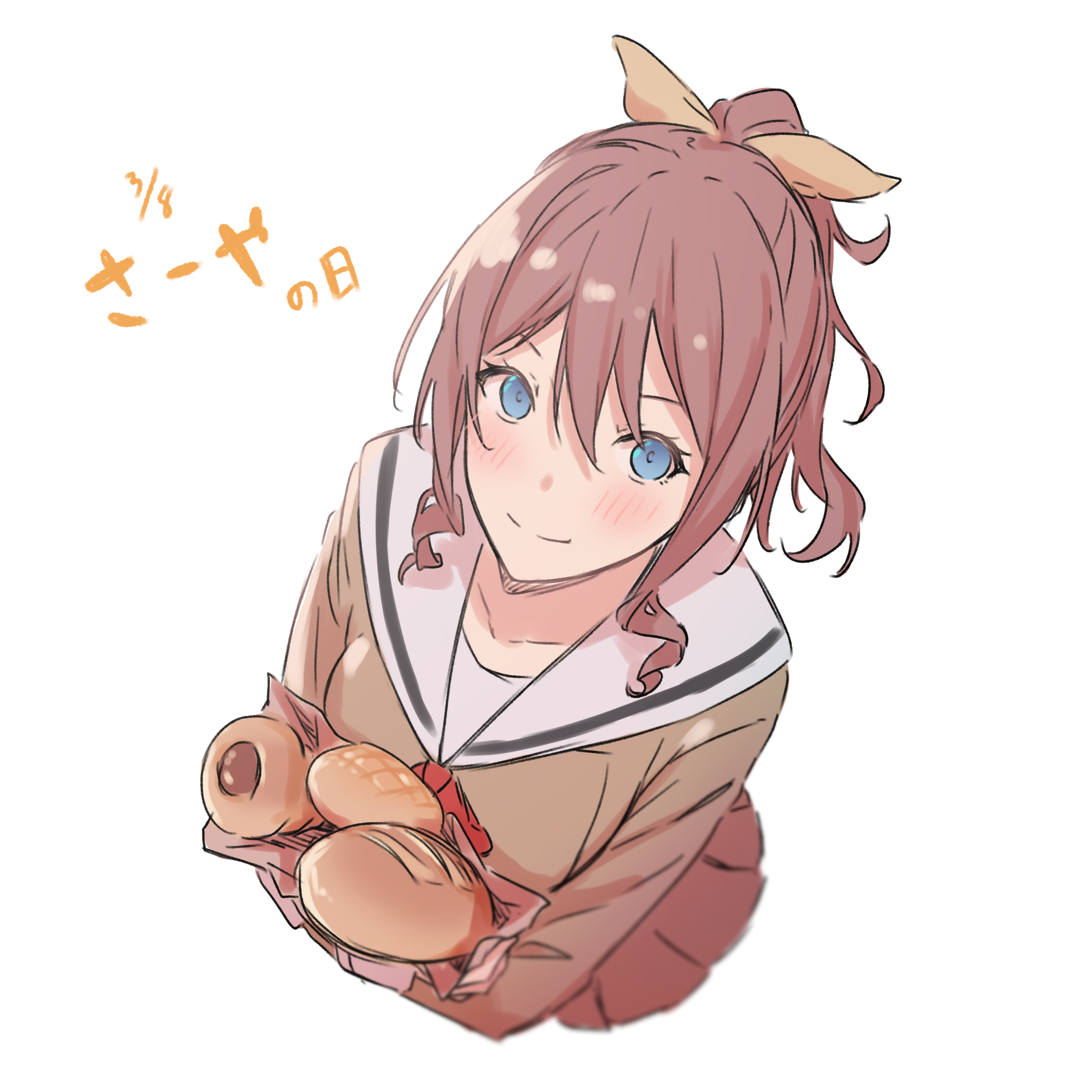 kanade (kanade 3344), yamabuki saya, bang dream!, absurdres, commentary, highres, translated, 1girl, blue eyes, blush, bread, breasts, brown dress, brown hair, chocolate cornet, closed mouth, dated, dress, food, hair between eyes, half updo, hanasakigawa school uniform, long hair, looking at viewer, medium breasts, pleated skirt, sailor collar, sailor dress, school uniform, skirt, solo, white sailor collar