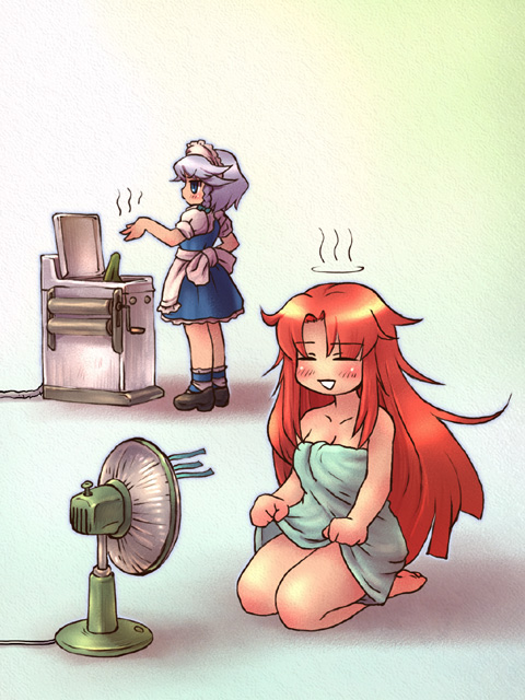 sankuma, hong meiling, izayoi sakuya, touhou, 2girls, electric fan, female focus, long hair, maid, multiple girls, naked towel, red hair, ribbon, seiza, short hair, sitting, towel