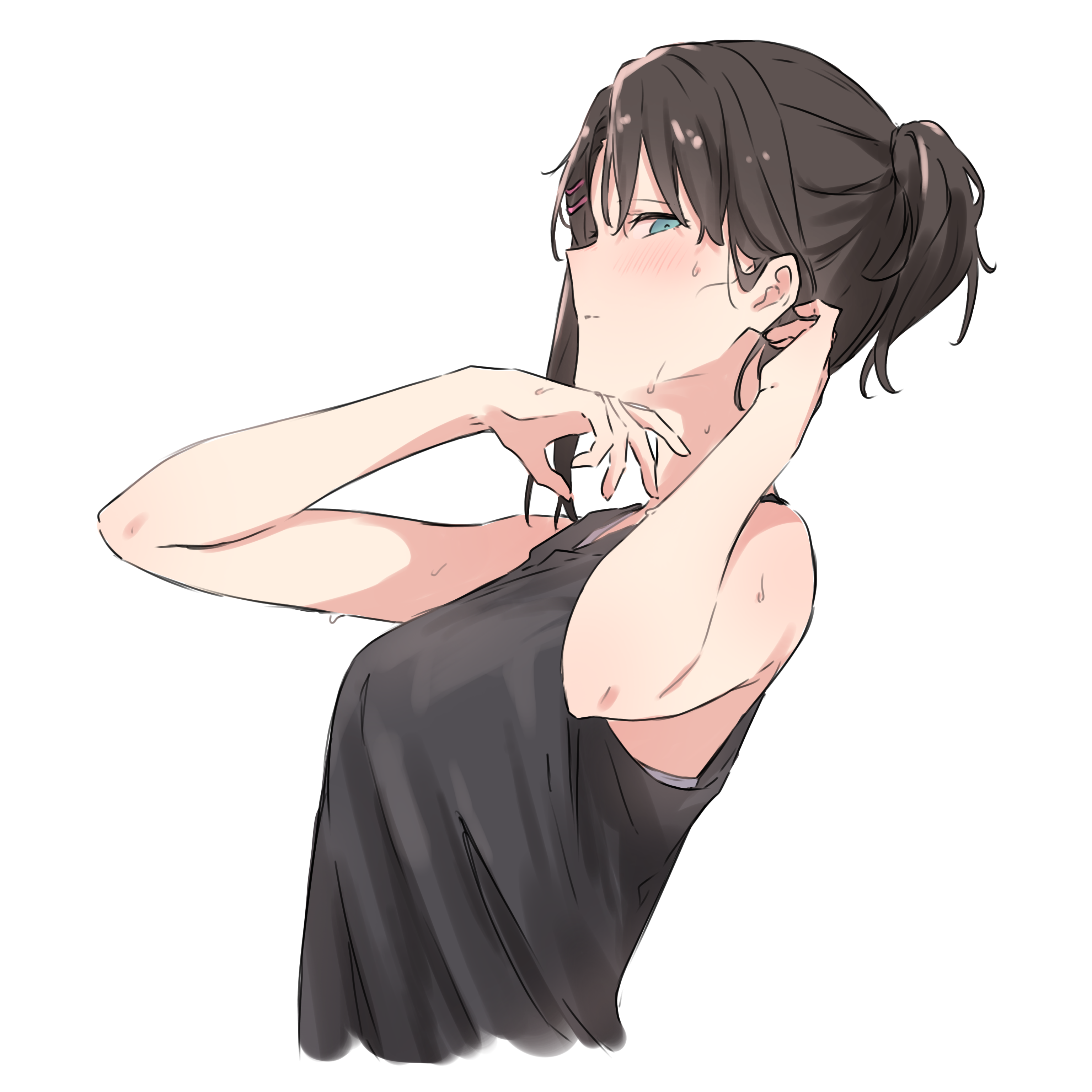 kanade (kanade 3344), okusawa misaki, bang dream!, absurdres, commentary, highres, 1girl, black hair, black tank top, blue eyes, breasts, hair ornament, hairclip, medium breasts, parallel hairclips, ponytail, short ponytail, simple background, single sidelock, solo, sweat, tank top, upper body, white background