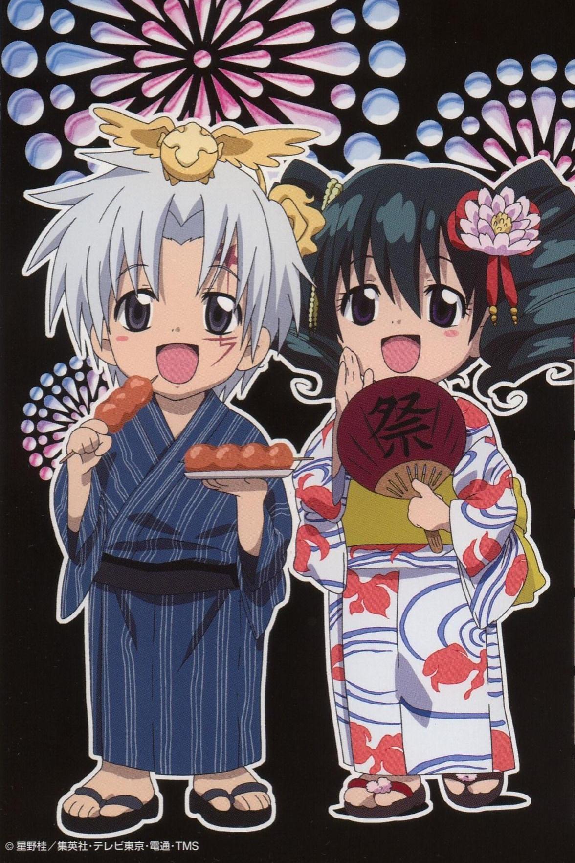 allen walker, lenalee lee, timcanpy, d.gray-man, highres, scan, 00s, 1boy, 1girl, aerial fireworks, chibi, dango, facial mark, fireworks, flower, food, hair flower, hair ornament, hand fan, japanese clothes, object on head, paper fan, sandals, uchiwa, wagashi