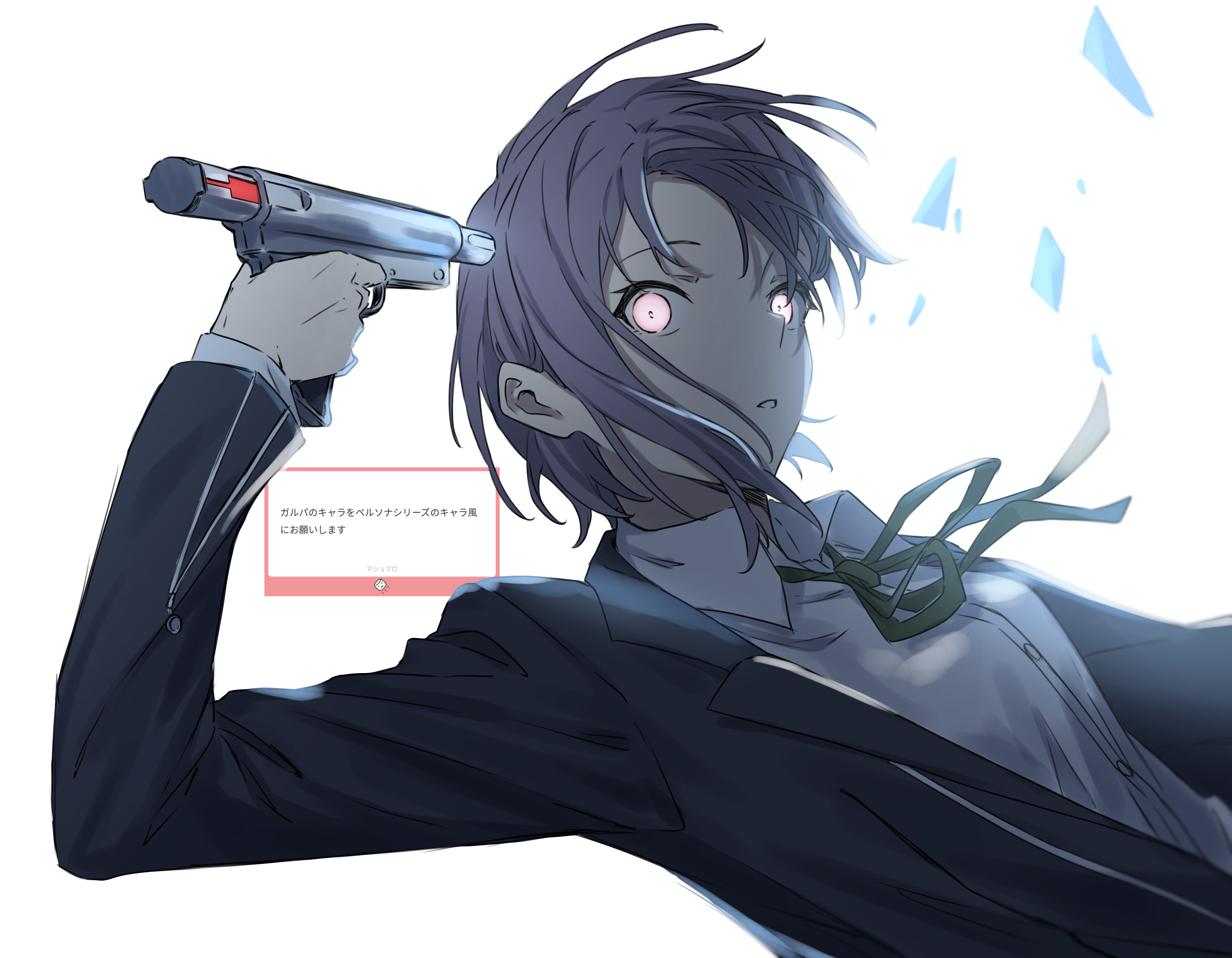 kanade (kanade 3344), takamatsu tomori, yuuki makoto (persona 3), bang dream!, bang dream! it's mygo!!!!!, persona, persona 3, absurdres, commentary, highres, translation request, 1girl, black jacket, collared shirt, cosplay, dress shirt, gekkoukan high school uniform, glowing, glowing eyes, green ribbon, grey hair, gun to head, jacket, long sleeves, looking at viewer, marshmallow (site), neck ribbon, open mouth, request inset, ribbon, school uniform, shirt, short hair, simple background, solo, upper body, white background, white shirt, yuuki makoto (persona 3) (cosplay)