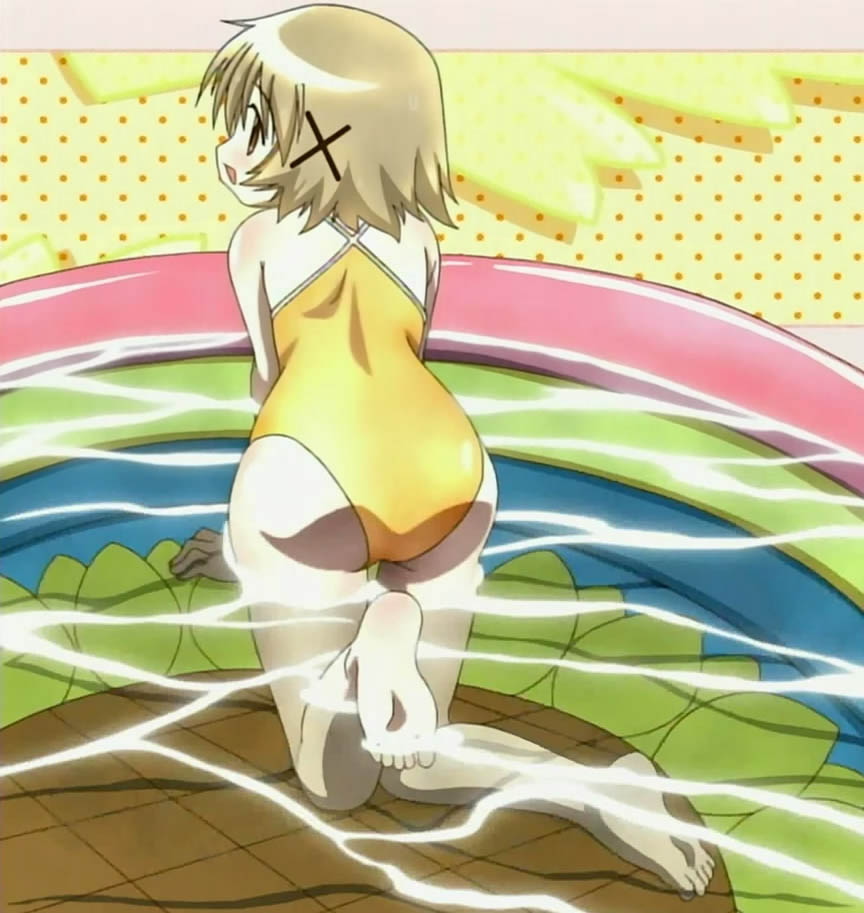 yuno (hidamari sketch), hidamari sketch, anime screenshot, stitched, third-party edit, 00s, 1girl, ass, barefoot, casual one-piece swimsuit, feet, female focus, one-piece swimsuit, soles, solo, swimsuit, toes, wading pool, yellow one-piece swimsuit