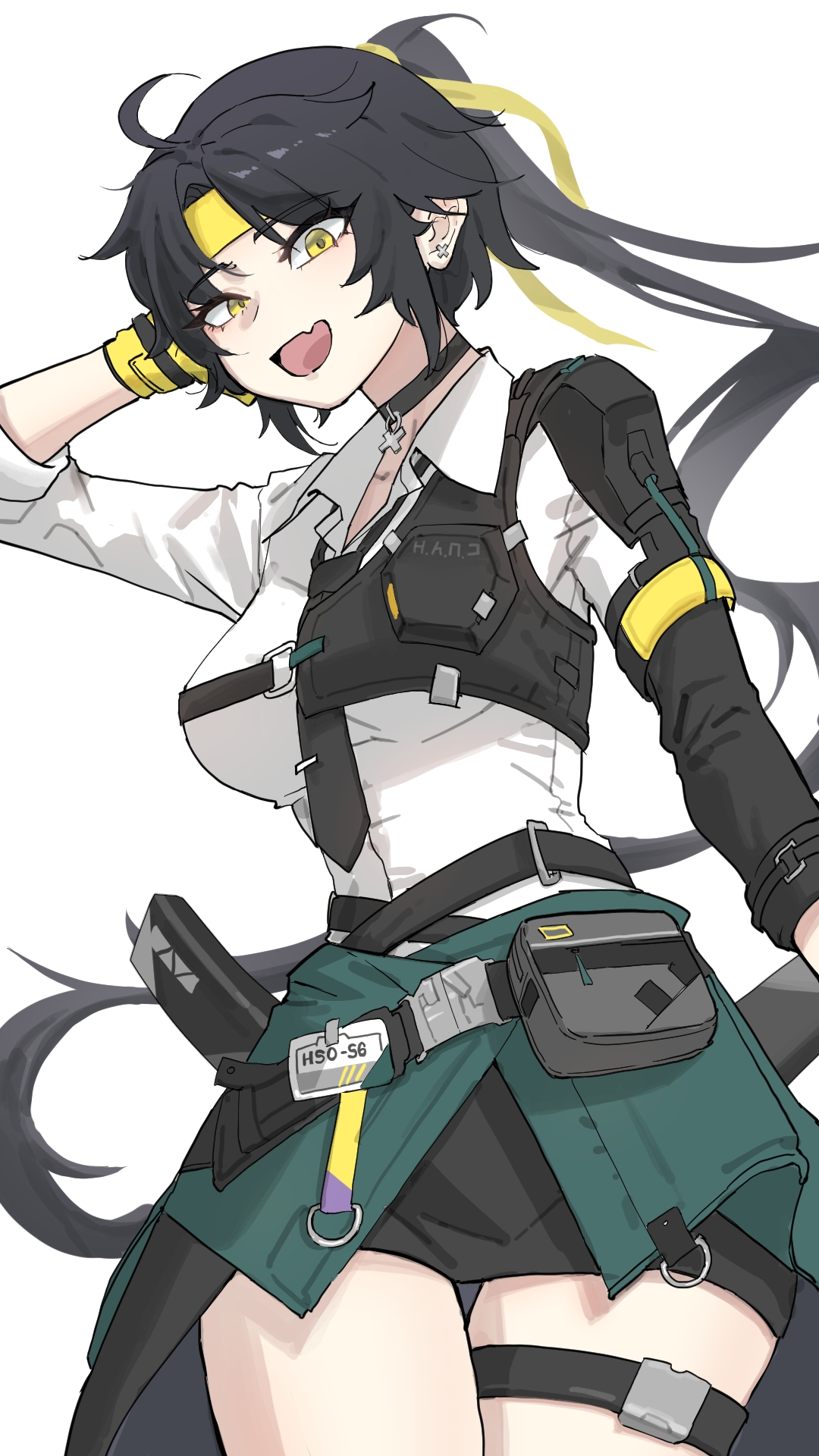 asaba harumasa, zenless zone zero, highres, 1girl, armor, black choker, black hair, breasts, choker, earrings, genderswap, genderswap (mtf), gloves, headband, jewelry, long hair, looking at viewer, necklace, shirt, simple background, skirt, smile, solo, thighhighs, user hgfp5375, white background, white shirt, yellow eyes, yellow headband, zettai ryouiki