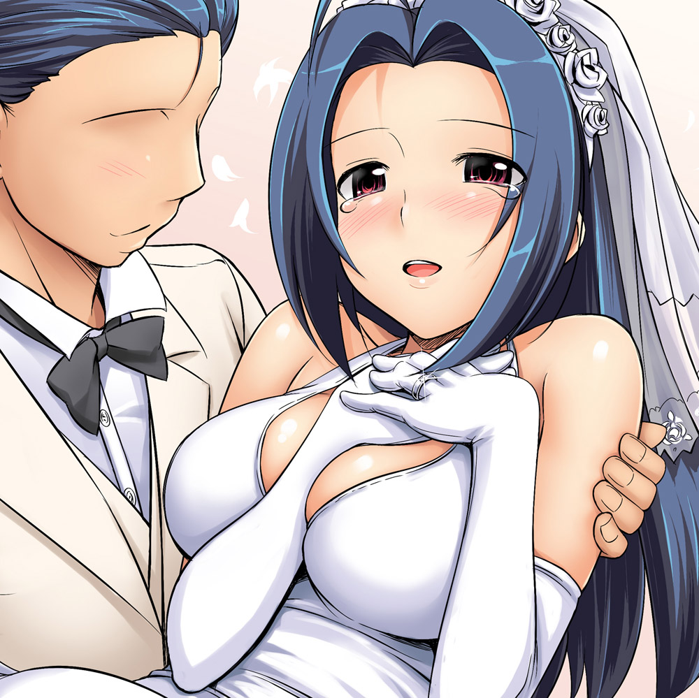 takayaki, miura azusa, idolmaster, idolmaster (classic), idolmaster 1, 00s, 1boy, 1girl, ahoge, between breasts, blush, breasts, breasts squeezed together, bridal veil, bride, dress, elbow gloves, faceless, faceless male, gloves, happy, jewelry, large breasts, long hair, no eyes, ring, tears, veil, wedding dress