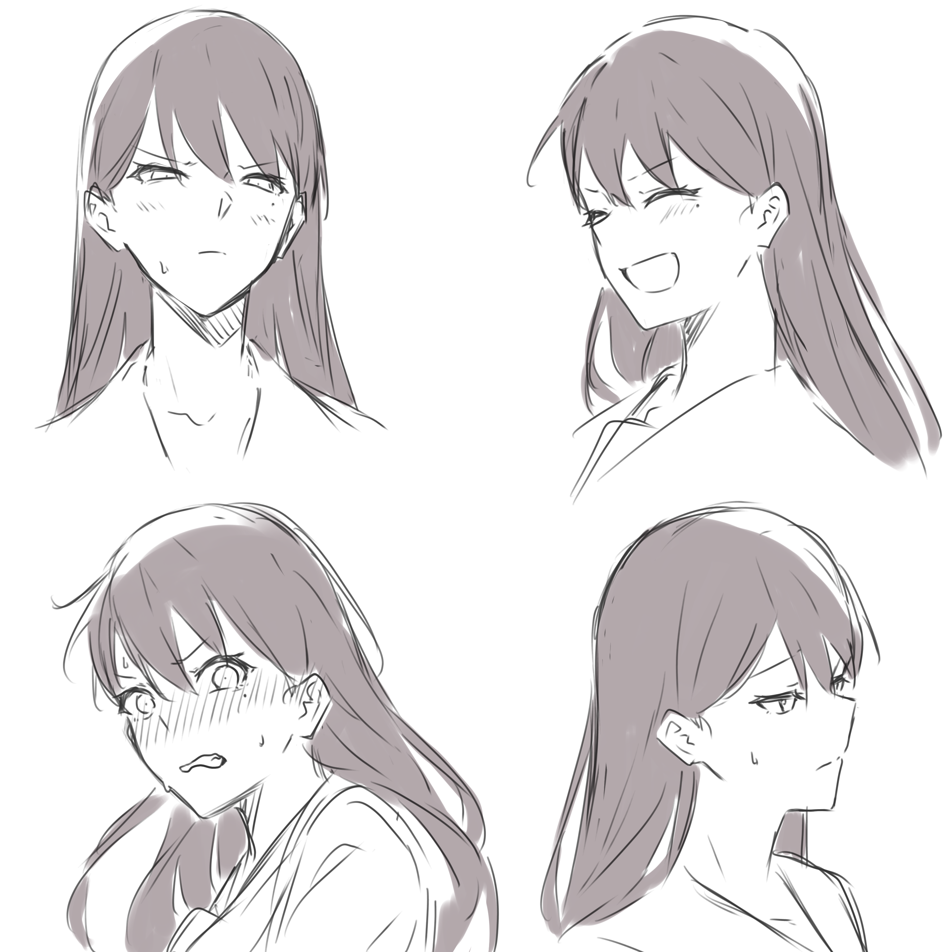 kanade (kanade 3344), shiina taki, bang dream!, bang dream! it's mygo!!!!!, absurdres, commentary, highres, 1girl, :d, ^ ^, blush, closed eyes, closed mouth, cropped shoulders, hair between eyes, long hair, monochrome, multiple expressions, multiple views, nervous sweating, open mouth, simple background, smile, sweat, sweatdrop, upper body, white background