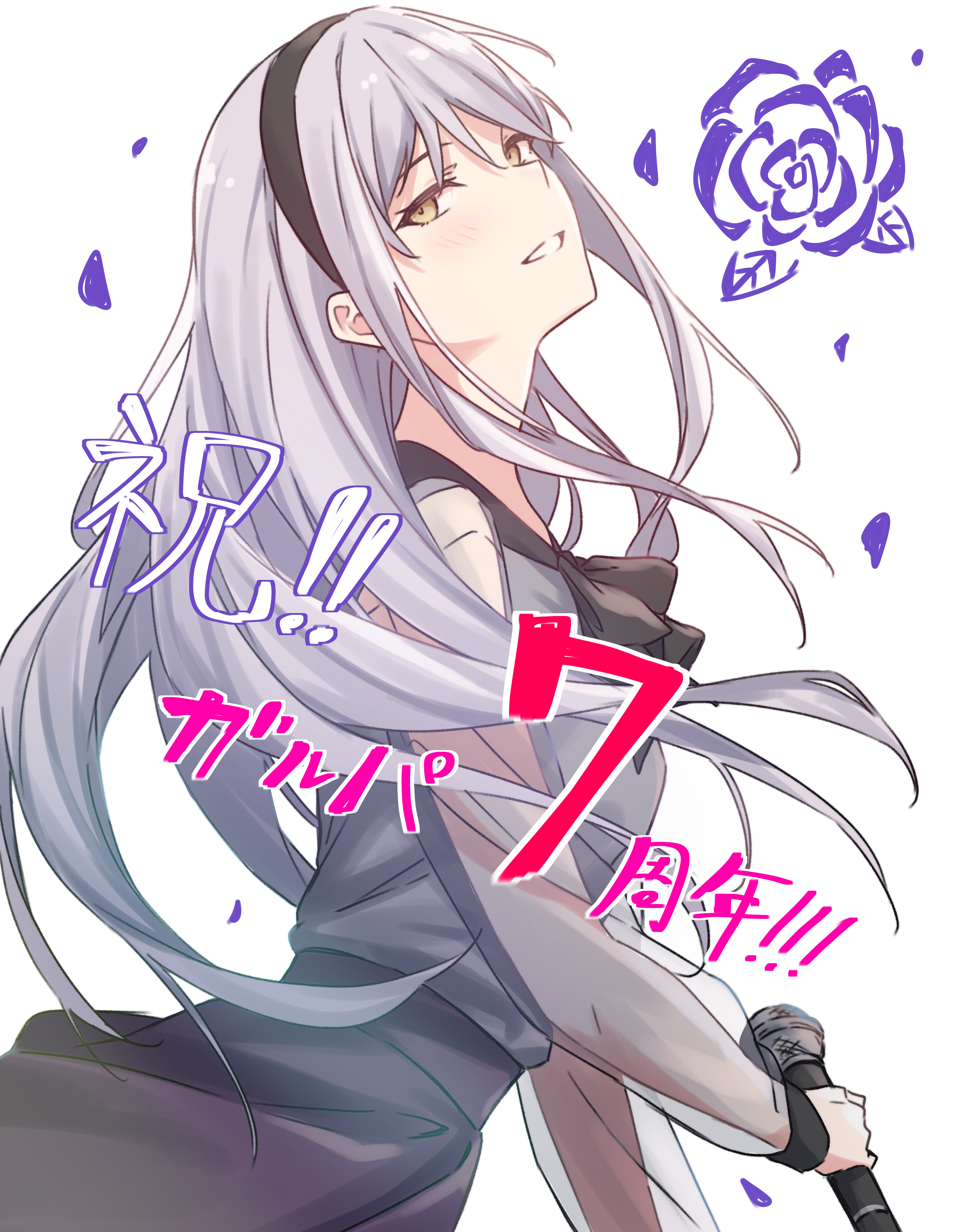kanade (kanade 3344), minato yukina, bang dream!, absurdres, commentary, highres, translation request, 1girl, black bow, black bowtie, black hairband, bow, bowtie, cowboy shot, floating hair, grey shirt, grey skirt, hairband, holding, holding microphone, light blush, long hair, long sleeves, looking at viewer, microphone, open mouth, see-through clothes, see-through sleeves, shirt, sidelocks, skirt, solo, white background, white hair, yellow eyes