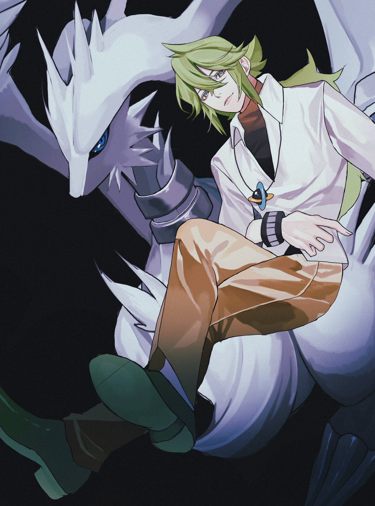 reo (mmocc123), n (pokemon), reshiram, nintendo, pokemon, pokemon bw, highres, 1boy, bangle, blue eyes, bracelet, brown pants, claws, collared shirt, colored sclera, gen 5 pokemon, green hair, jewelry, legendary pokemon, long hair, pants, pokemon (creature), shirt, shoes, simple background, undershirt, void cube, white fur, white shirt, wristband