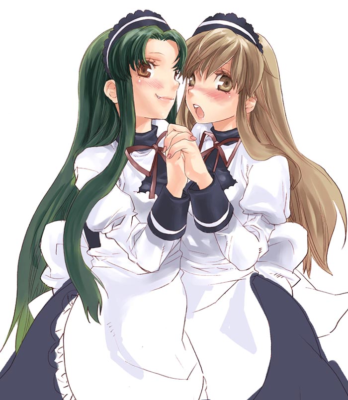 asahina mikuru, tsuruya, suzumiya haruhi no yuuutsu, 00s, 2girls, blush, brown eyes, brown hair, fang, green hair, holding hands, long hair, multiple girls, very long hair, waitress