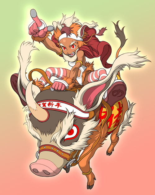 yamamiya hiroshi, original, animal ears, boar, dark-skinned female, dark skin, fang, fangs, gloves, headband, multicolored hair, pointing, red eyes, riding, solo, striped clothes, striped thighhighs, thighhighs