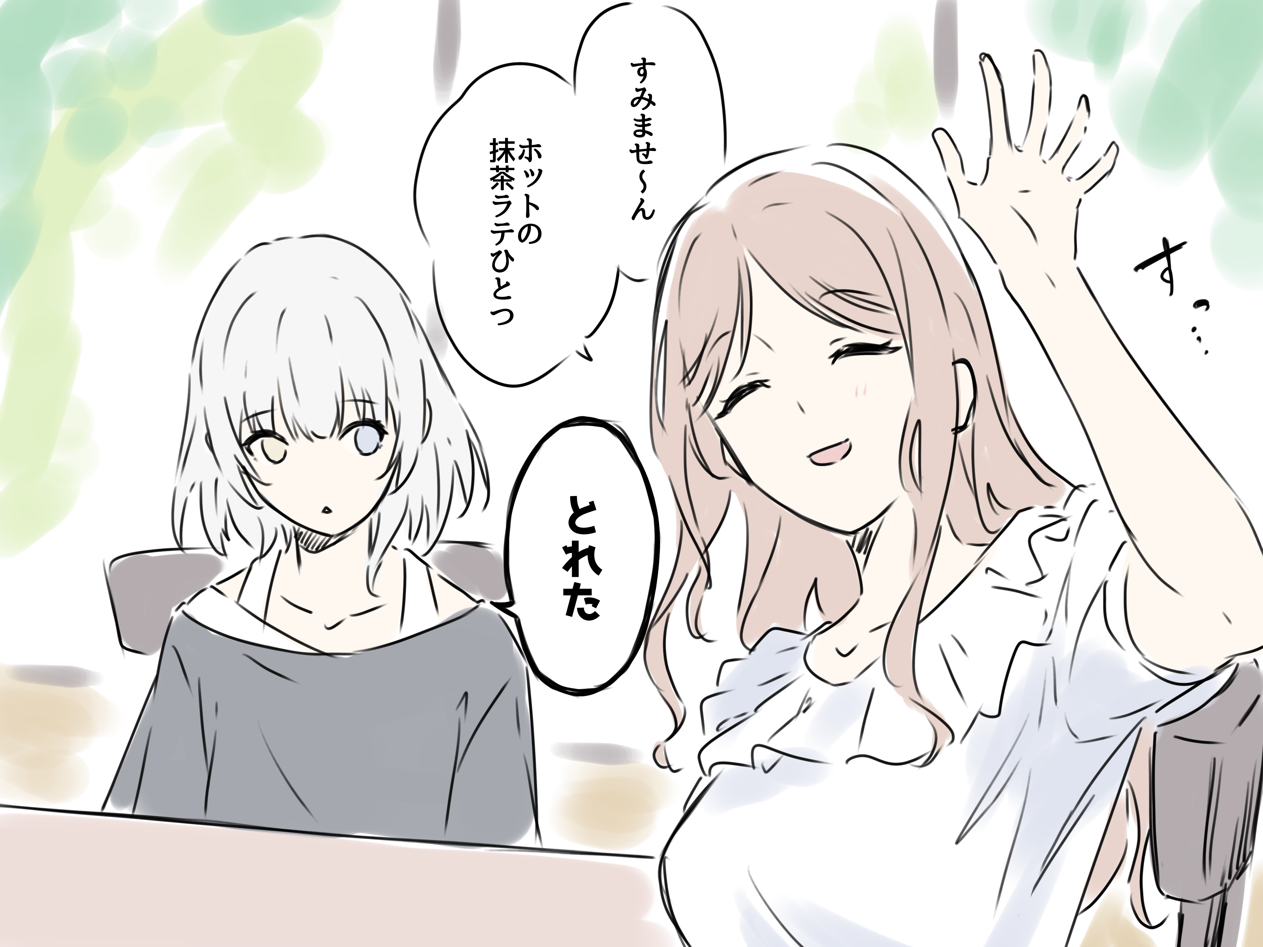 kanade (kanade 3344), kaname raana, nagasaki soyo, bang dream!, bang dream! it's mygo!!!!!, absurdres, commentary, highres, 2girls, arm up, black shirt, blue eyes, blush, breasts, brown hair, closed eyes, heterochromia, large breasts, long hair, multiple girls, open mouth, shirt, short hair, short sleeves, triangle mouth, white hair, white shirt, yellow eyes