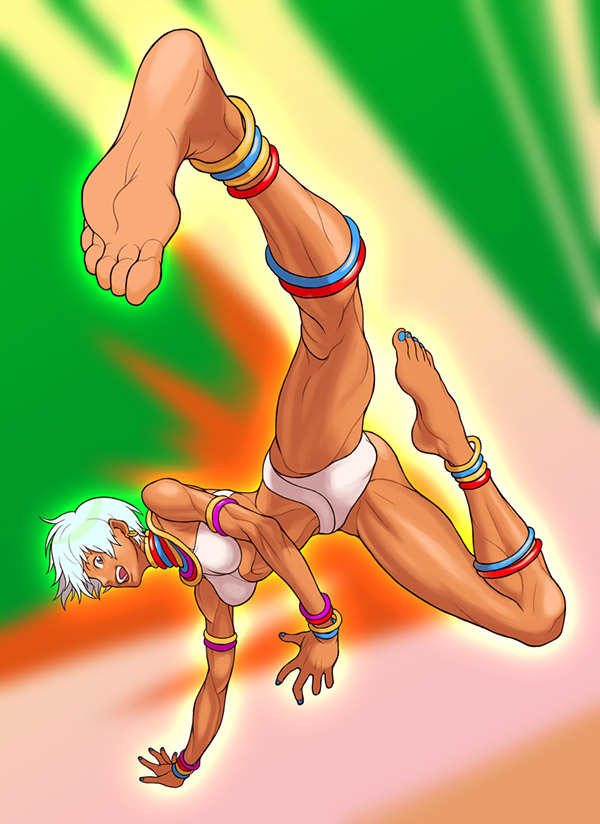 yamamiya hiroshi, elena (street fighter), capcom, street fighter, street fighter iii (series), 1girl, anklet, barefoot, blue nails, bracelet, dark-skinned female, dark skin, earrings, feet, female focus, high kick, jewelry, kicking, nail polish, neck ring, perspective, short hair, soles, solo, toenail polish, toenails, white hair
