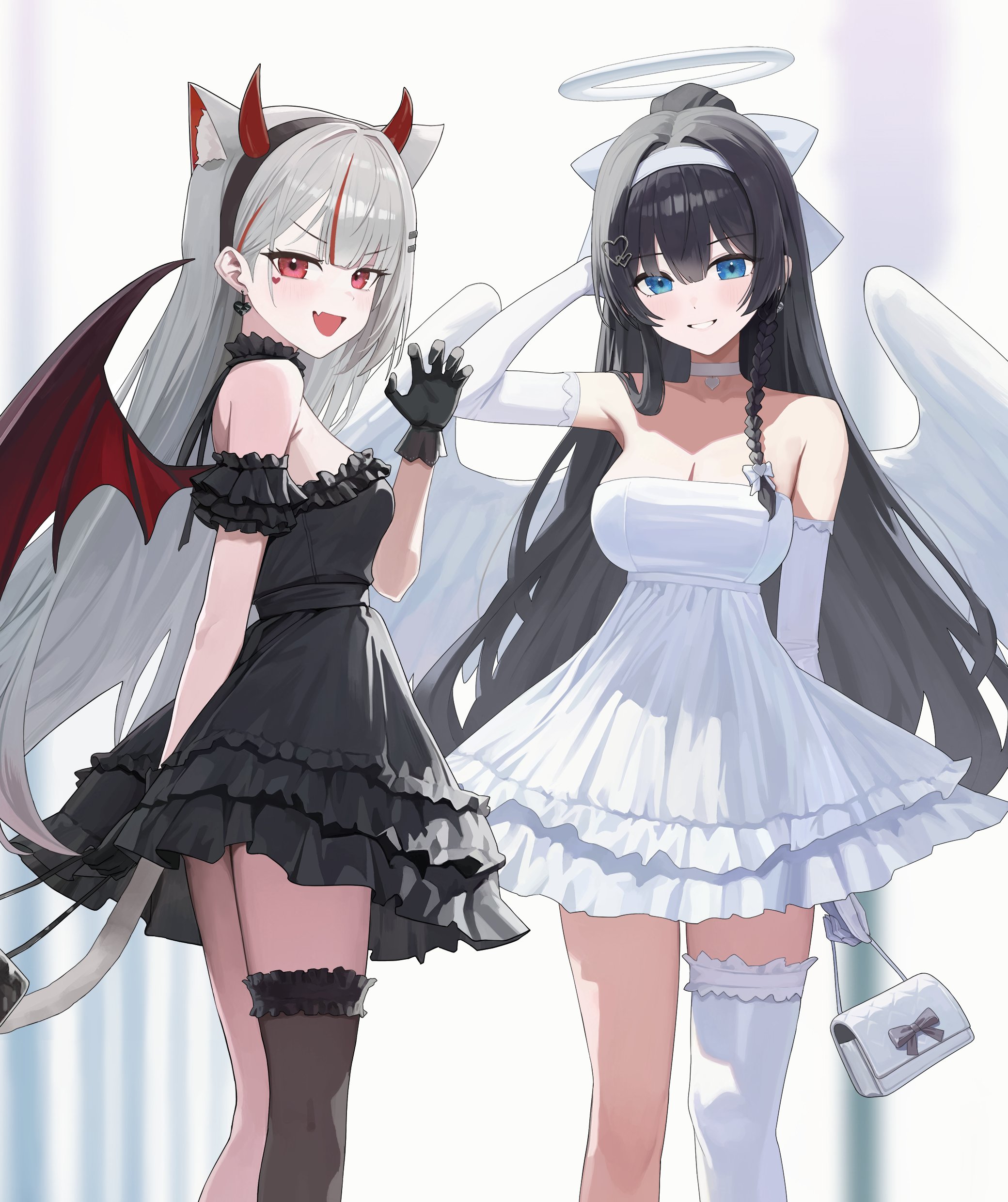 sunj000, neneko mashiro, shirayuki hina, stellive, absurdres, highres, 2girls, angel, angel wings, animal ears, arm behind back, arm behind head, bag, bat wings, black dress, black gloves, black hair, black hairband, black thighhighs, blue eyes, breasts, cat ears, cat girl, cat tail, cleavage, demon girl, demon horns, dress, earrings, elbow gloves, extra ears, fang, feathered wings, gloves, grey hair, hair ornament, hairband, halo, hand up, handbag, heart, heart hair ornament, holding, holding bag, horns, jewelry, long hair, looking at viewer, multicolored hair, multiple girls, open mouth, parted lips, red eyes, red hair, single thighhigh, smile, standing, streaked hair, tail, thighhighs, very long hair, virtual youtuber, white bag, white dress, white gloves, white hairband, white thighhighs, wings