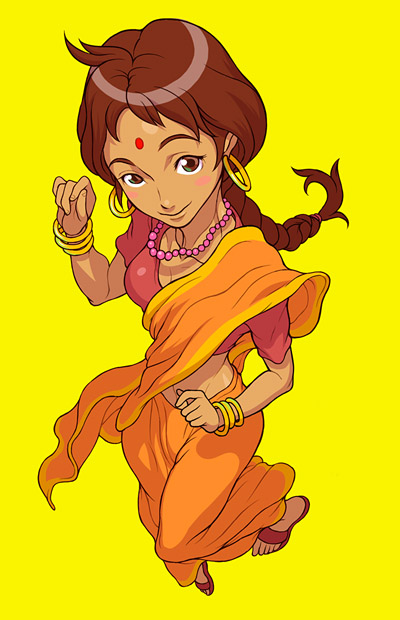 yamamiya hiroshi, sari (street fighter), capcom, street fighter, bindi, braid, brown eyes, brown hair, dark-skinned female, dark skin, dhalsim's wife, earrings, facial mark, forehead mark, indian, indian clothes, jewelry, necklace, sari, simple background, smile, wristband