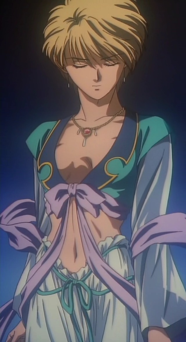 fushigi yuugi, anime screenshot, stitched, third-party edit, 1990s (style), blonde hair, closed eyes, hongo yui, jewelry, midriff, necklace, retro artstyle, short hair