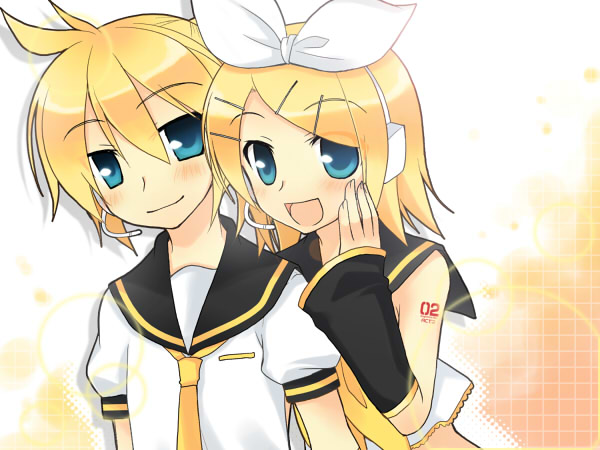 tamura hiro, kagamine len, kagamine rin, vocaloid, 1boy, 1girl, blonde hair, blue eyes, brother and sister, siblings, twins