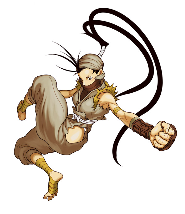 yamamiya hiroshi, ibuki (street fighter), capcom, street fighter, street fighter iii (series), 1girl, black eyes, black hair, clothing cutout, feet, female focus, hair slicked back, hip vent, long hair, ninja, ponytail, punching, solo