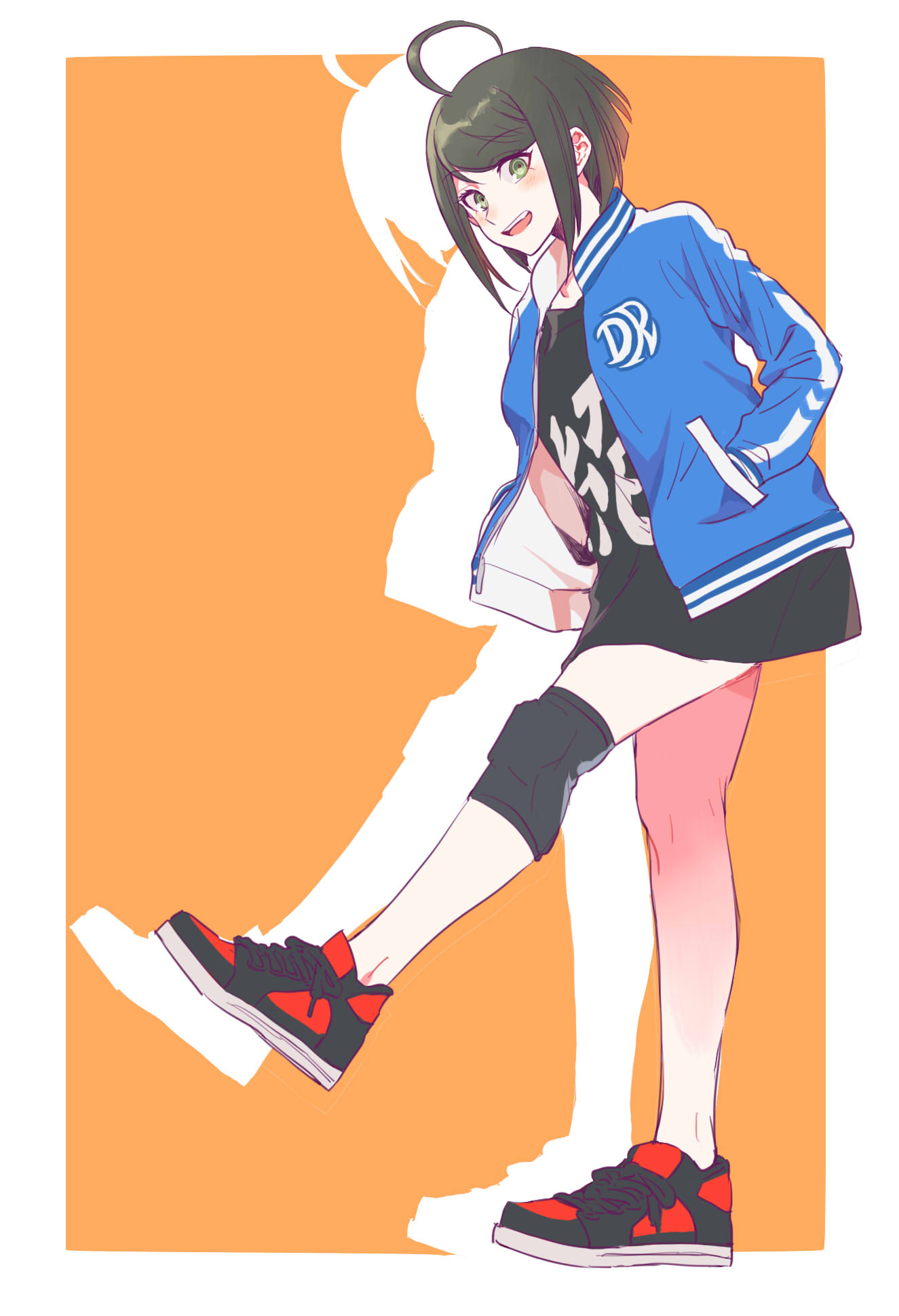melodyguru, naegi komaru, danganronpa (series), danganronpa another episode: ultra despair girls, commentary request, highres, 1girl, ahoge, alternate costume, black hair, black shirt, black shoes, blue jacket, blush, border, eyelashes, full body, green eyes, hand in pocket, jacket, knee pads, open clothes, open jacket, open mouth, orange background, shirt, shoes, short hair, sidelocks, simple background, smile, solo, teeth, upper teeth only, white border