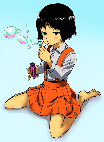 hirokazu, chibi maruko-chan, 1girl, barefoot, black hair, blush, bubble, female focus, flat chest, gradient background, kneeling, short hair, simple background, sitting, skirt, solo, wariza