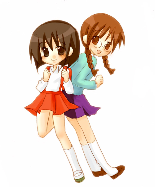 tama-chan, chibi maruko-chan, brown hair, glasses, open mouth, twintails