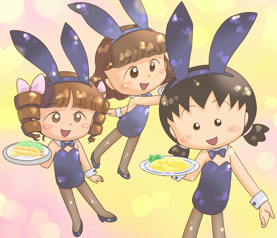 chibi maruko-chan, brown hair, food, open mouth, playboy bunny