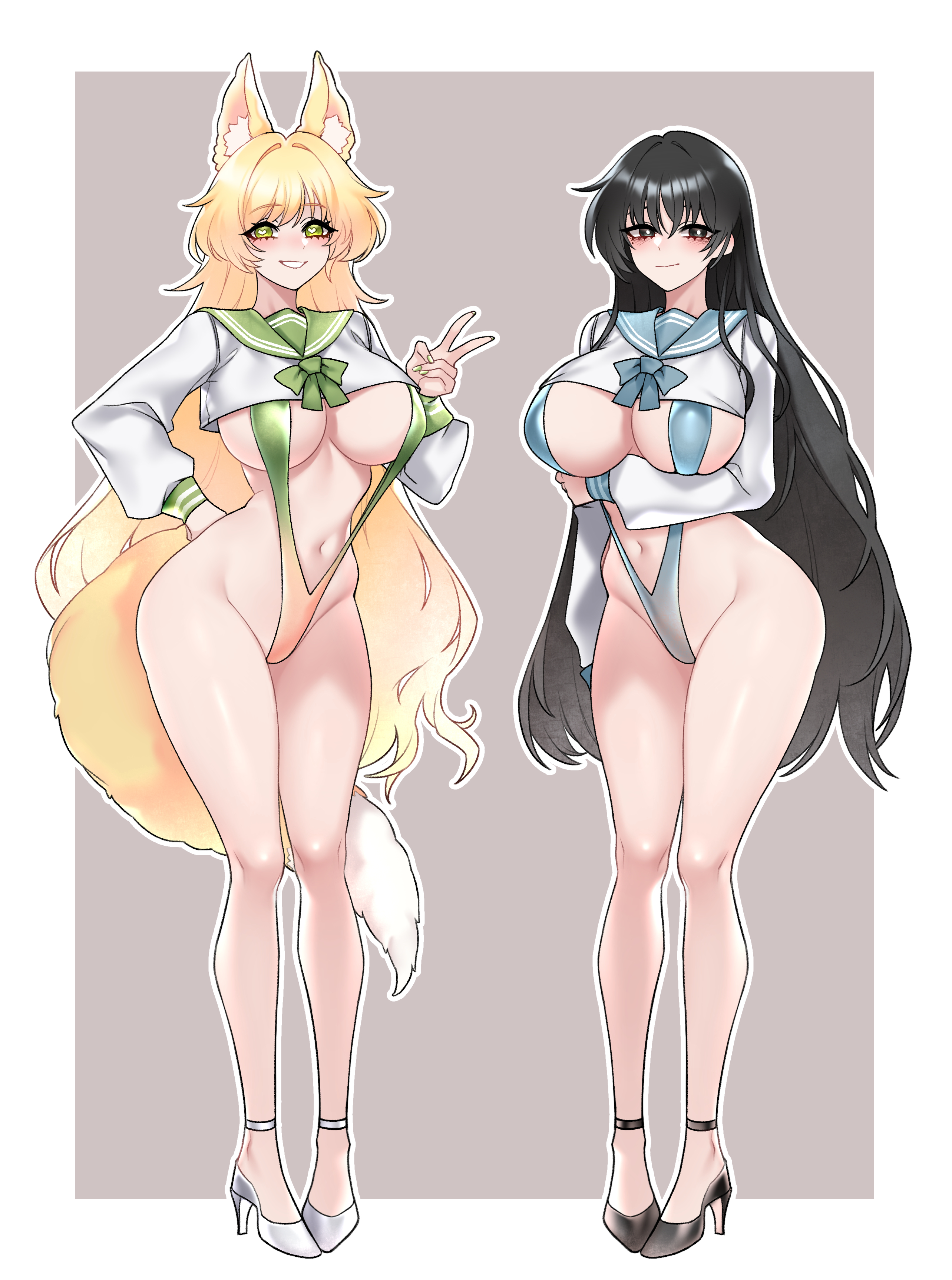 dogs (dlrkdejr26), original, absurdres, commission, highres, variant set, 2girls, animal ear fluff, animal ears, arm under breasts, black eyes, black hair, black shoes, blonde hair, blush, borrowed character, breasts, cleavage, eyebrows hidden by hair, fox ears, fox girl, fox tail, green eyes, groin, hand on own hip, high heels, large breasts, long hair, looking at viewer, multiple girls, navel, open mouth, school uniform, serafuku, shoes, slingshot swimsuit, stiletto heels, swimsuit, tail, v, very long hair, white shoes, wide hips
