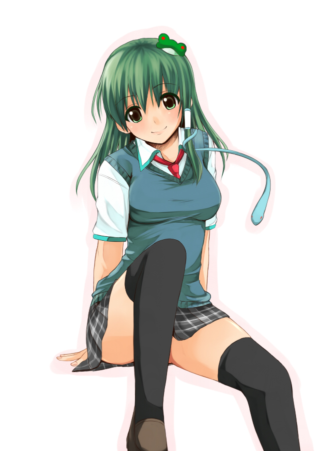yuuki (ashitahare), kochiya sanae, touhou, bad id, bad pixiv id, 1girl, alternate costume, female focus, frog, green eyes, green hair, matching hair/eyes, plaid clothes, plaid skirt, school uniform, serafuku, simple background, skirt, snake, solo, thighhighs
