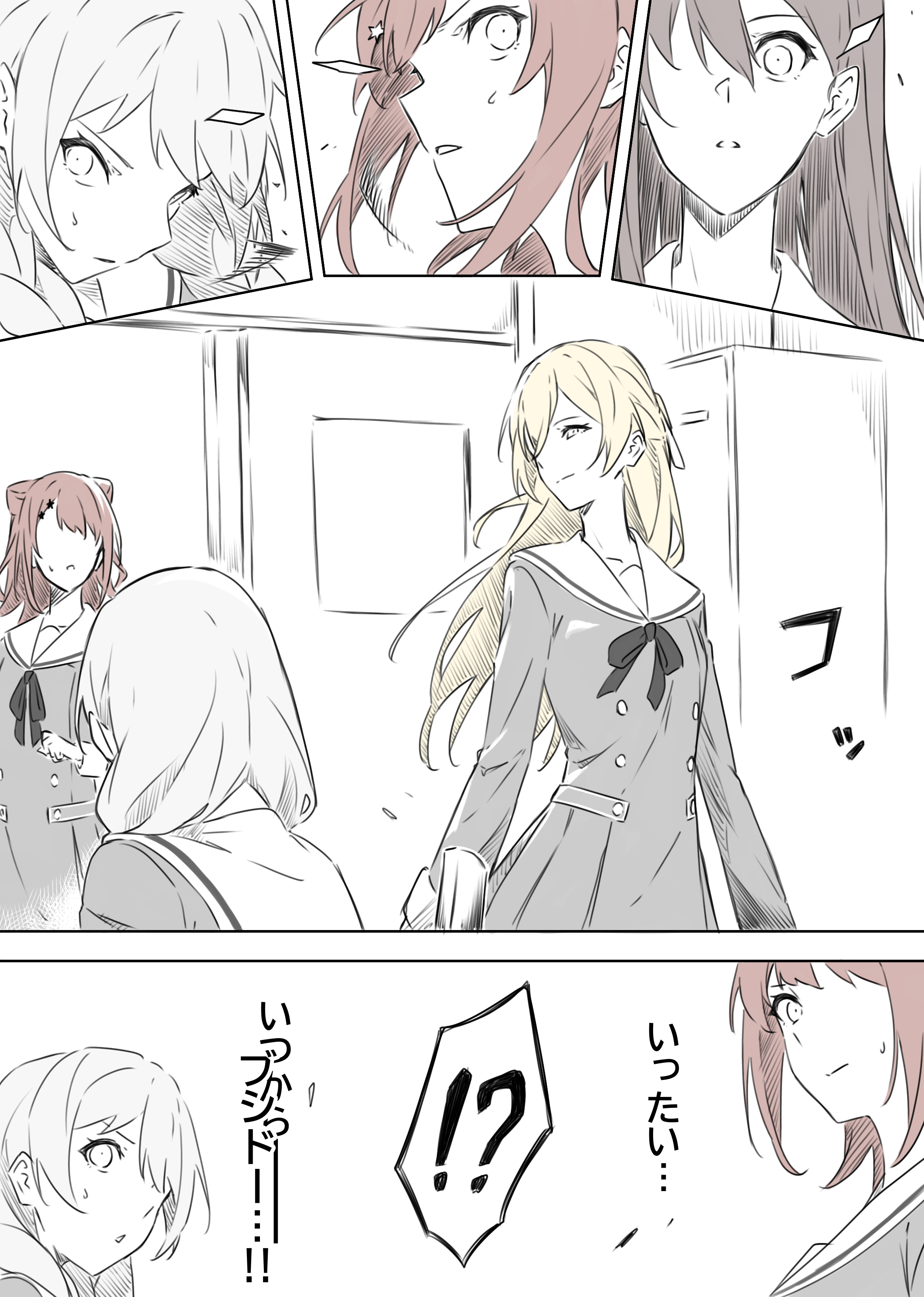kanade (kanade 3344), hanazono tae, shirasagi chisato, toyama kasumi, wakamiya eve, bang dream!, absurdres, commentary, highres, 4girls, blonde hair, braid, closed mouth, cone hair bun, dress, hair between eyes, hair bun, hair ornament, hair over one eye, hanasakigawa school uniform, long hair, multiple girls, open mouth, partially colored, sailor dress, school uniform, sidelocks, star (symbol), star hair ornament, twin braids, yellow eyes