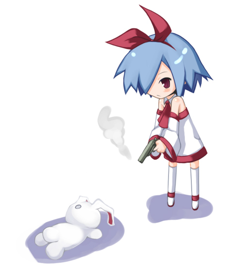 mitsuki (pixiv11671), mitsuki (toriaezu), pleinair, usagi-san, blue hair, detached sleeves, gun, hair ribbon, handgun, pistol, rabbit, red eyes, ribbon, short hair, solo, stuffed animal, stuffed toy, thighhighs, weapon